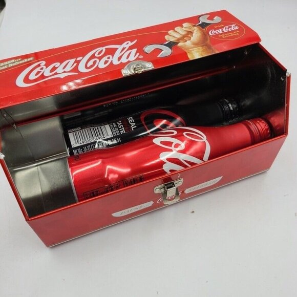 Coca Cola Metal Lunch Box Tin Collectible Red Wrench Toolbox 2 Bottles - Picture 2 of 7